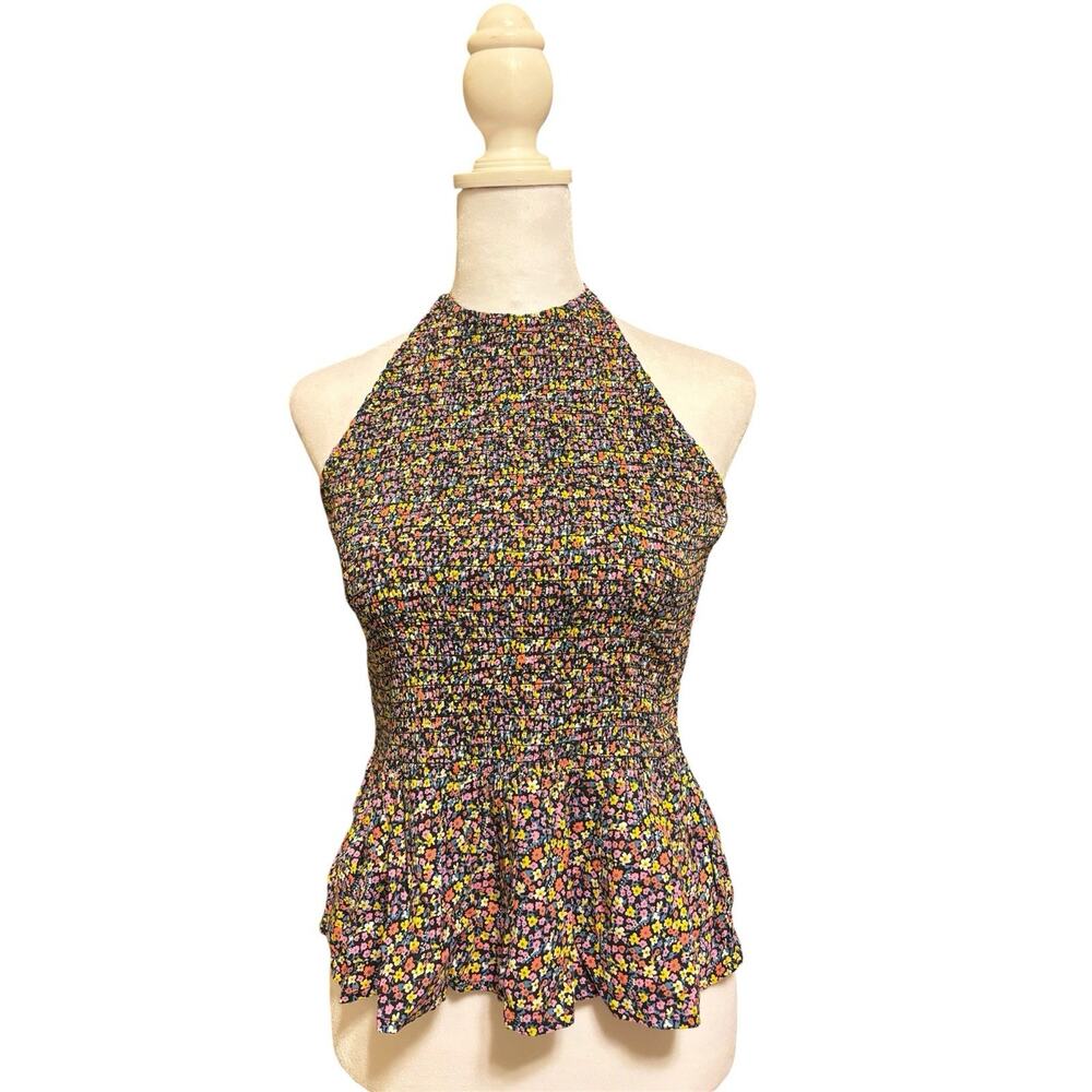 Patrons of Peace Smocked Floral Halter Peplum Top Sz M Boho Festival Summer